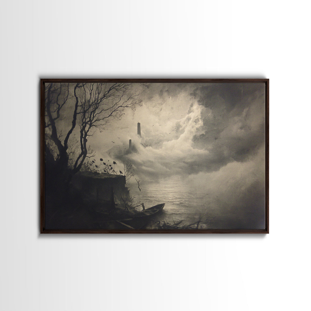 Haunted Seaside Halloween, Symbolist Dream Art, Landscape Wall Art, Dark Fantasy Wall Art, Framed Canvas Print, Halloween Wall Art