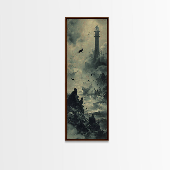 Haunted Seaside Halloween, Decadent Gothic Art, Tall Narrow Wall Art, Macabre Wall Art, Framed Canvas Print, Halloween Wall Art