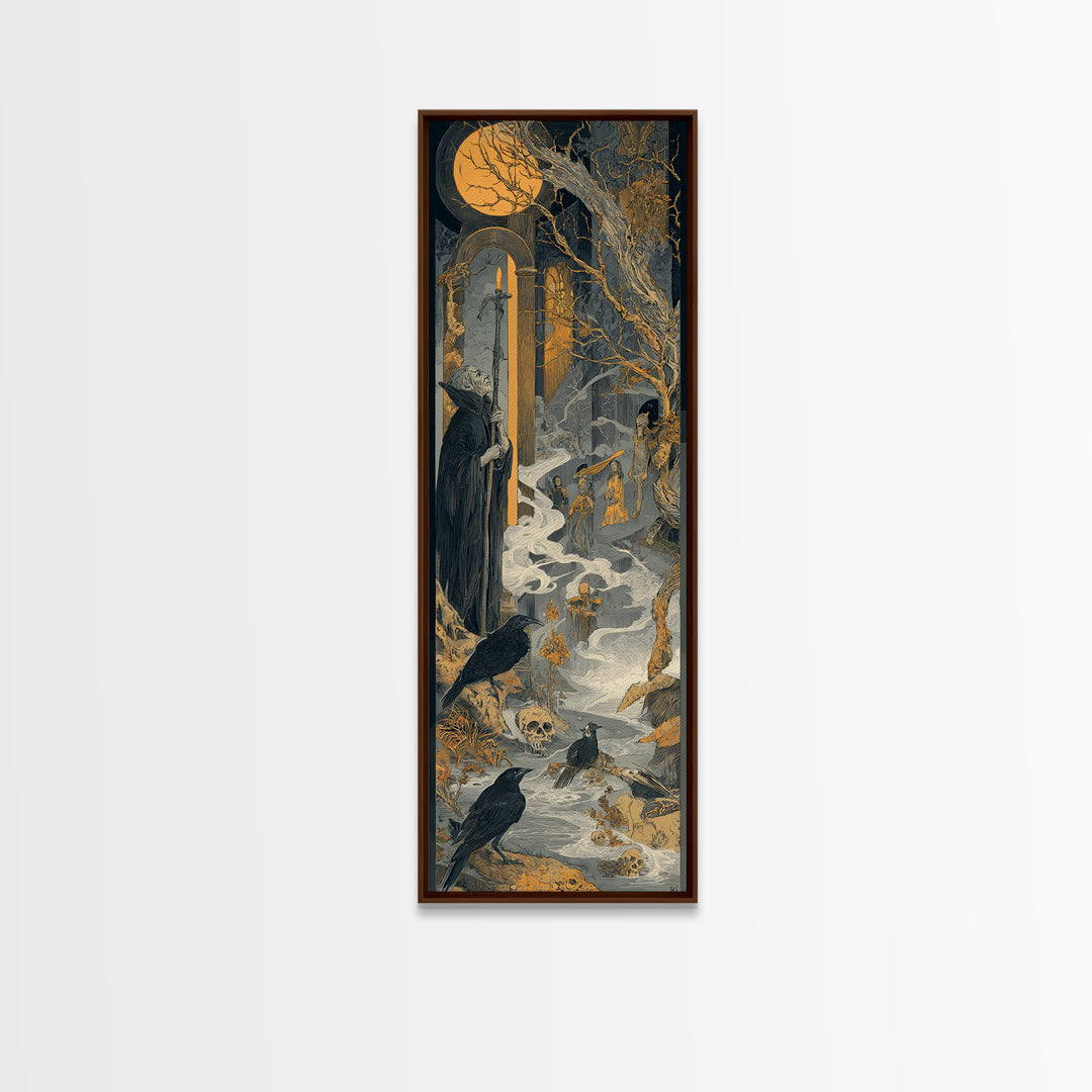 Haunted Seaside Halloween, Symbolist Etching Art, Tall Narrow Wall Art, Dark Halloween Decor, Framed Canvas Print, Halloween Wall Art