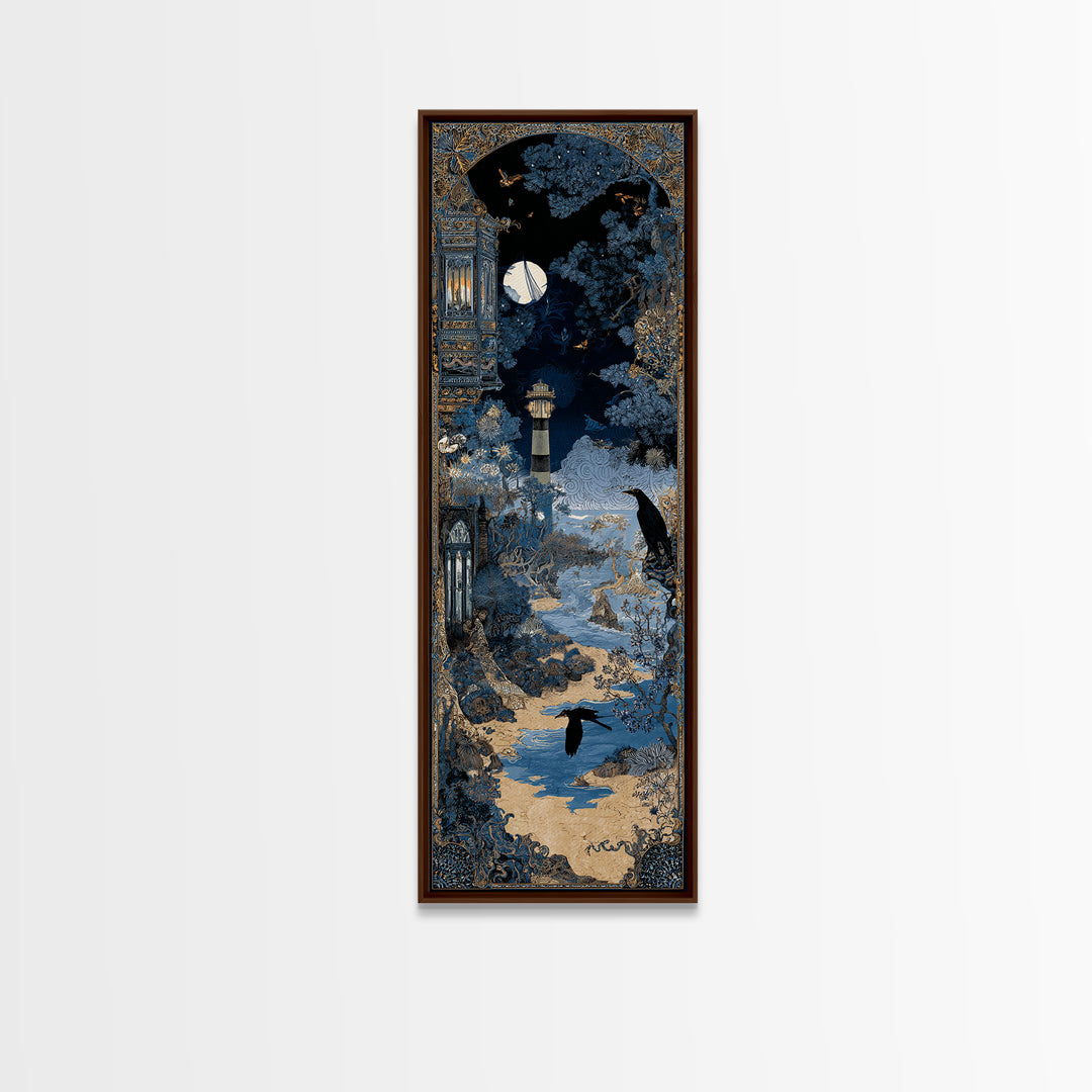 Haunted Seaside Halloween, Stained Glass Gothic Art, Tall Narrow Wall Art, Macabre Wall Art, Framed Canvas Print, Halloween Wall Art