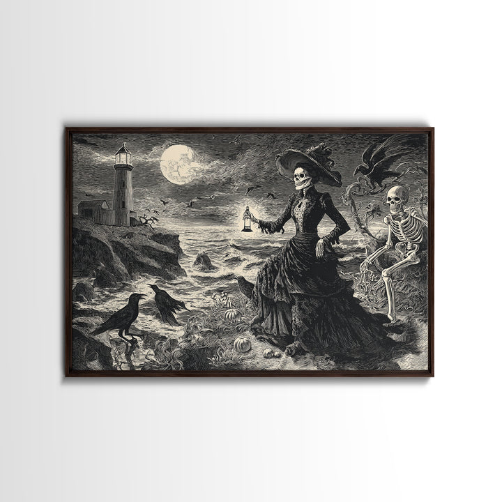 Haunted Seaside Halloween, Macabre Folk Print Art, Landscape Wall Art, Dark Halloween Decor, Framed Canvas Print