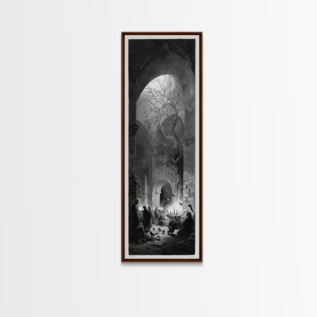 The Candlelit Crypt, Gothic Engraving Art, Tall Narrow Wall Art, Dark Fantasy Wall Art, Canvas Print, Halloween Wall Art