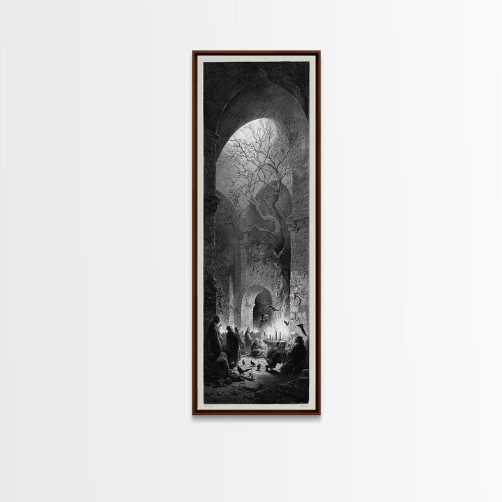 The Candlelit Crypt, Gothic Engraving Art, Tall Narrow Wall Art, Dark Fantasy Wall Art, Canvas Print, Halloween Wall Art