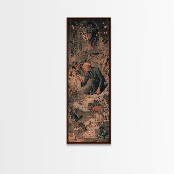The Candlelit Crypt, Medieval Grotesque Art, Tall Narrow Wall Art, Dark Halloween Decor, Framed Canvas Print, Halloween Wall Art