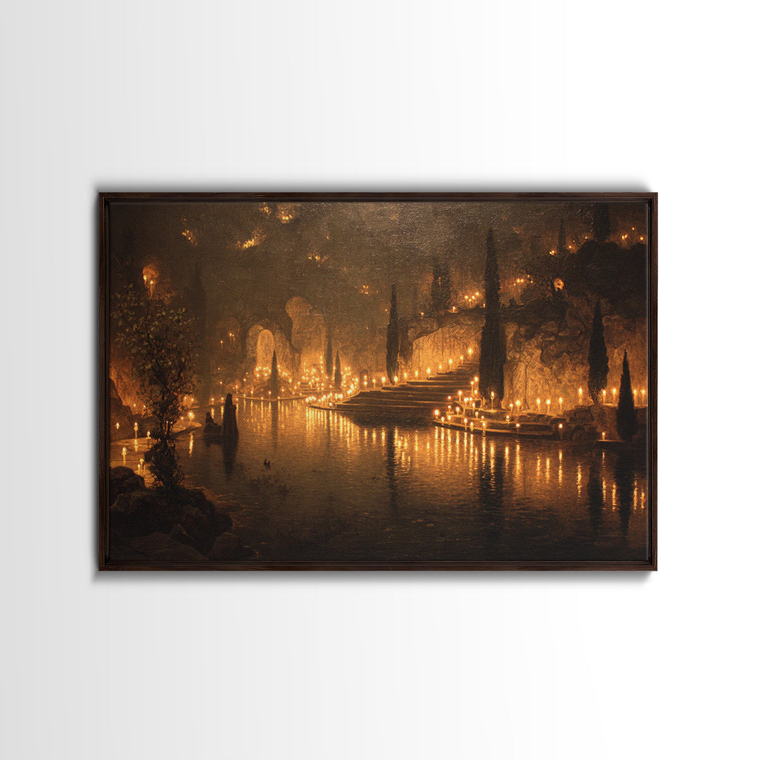 The Candlelit Crypt, Symbolist Gothic Landscape, Landscape Wall Art, Macabre Wall Art, Framed Canvas Print, Halloween Wall Art