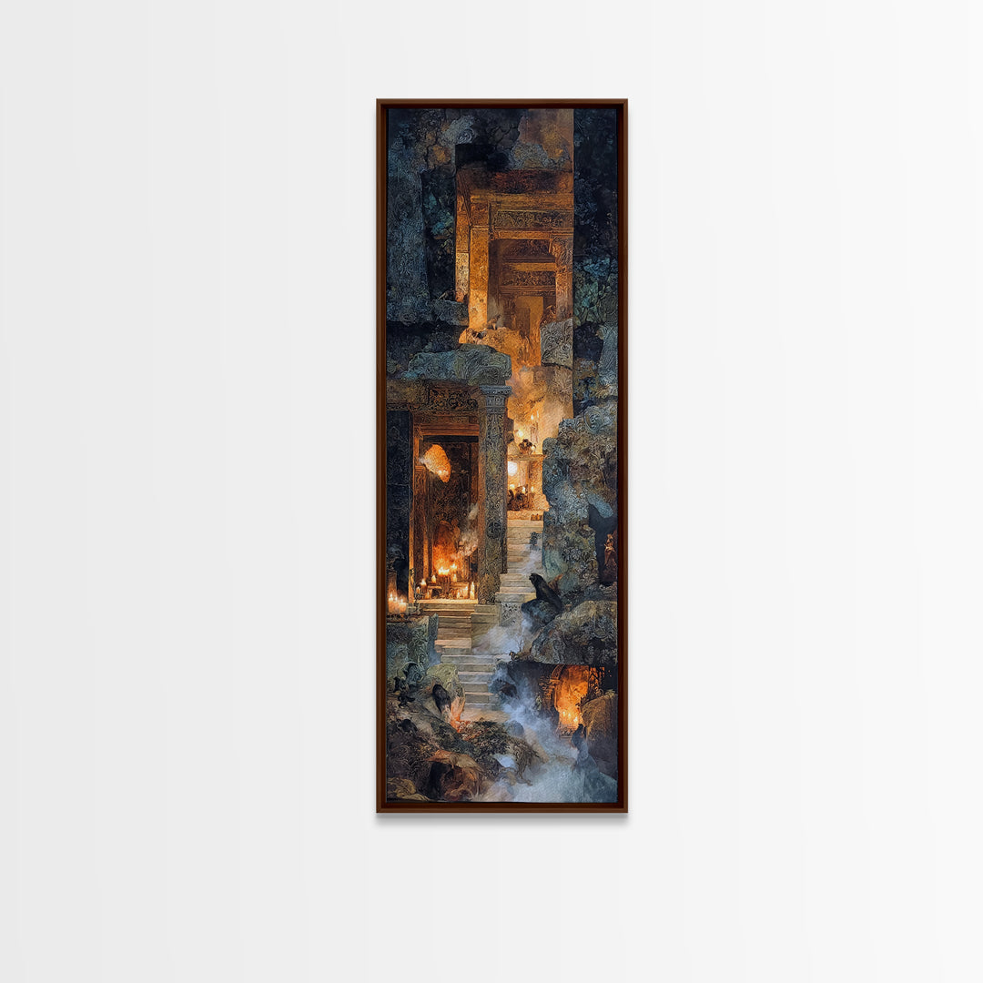 The Candlelit Crypt, Ornate Symbolist Art, Tall Narrow Wall Art, Dark Halloween Decor, Framed Canvas Print, Halloween Wall Art