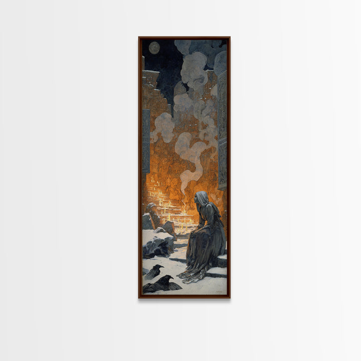 The Candlelit Crypt, Symbolist Death Art, Tall Narrow Wall Art, Macabre Wall Art, Framed Canvas Print, Halloween Wall Art