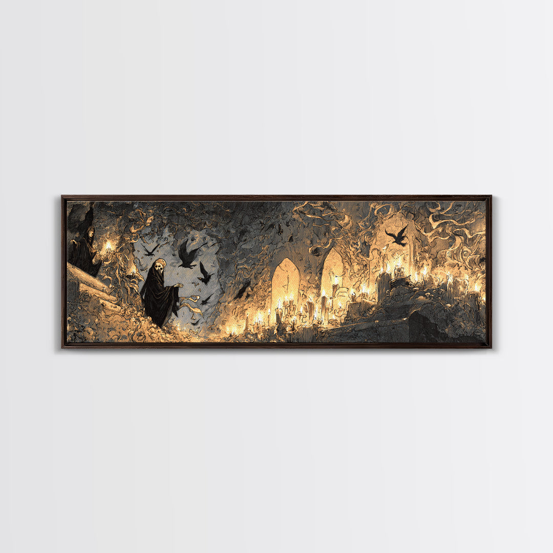 The Candlelit Crypt, Expressionist Nightmare Art, Extra Wide Wall Art, Macabre Wall Art, Framed Canvas Print, Halloween Wall Art