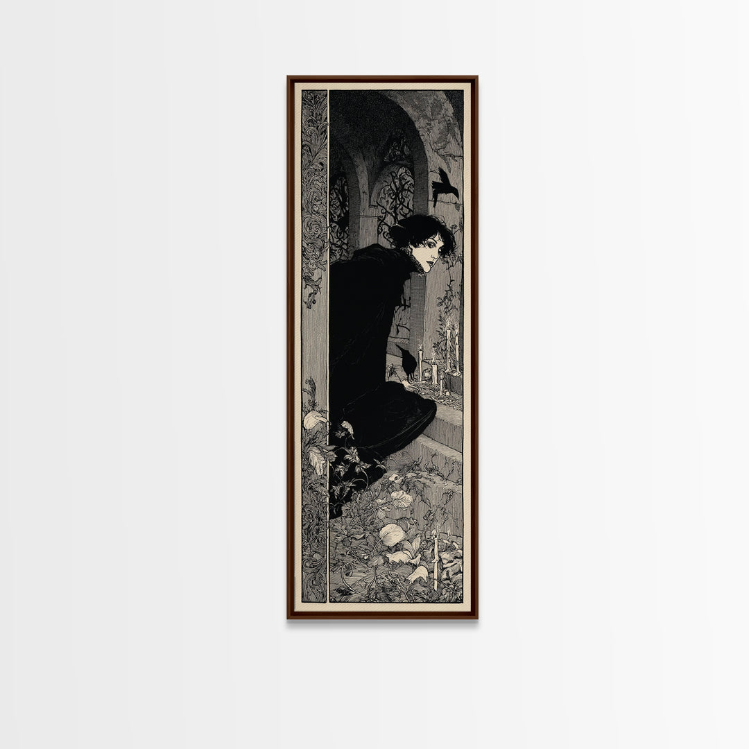 The Candlelit Crypt, Decadent Line Art, Tall Narrow Wall Art, Macabre Wall Art, Framed Canvas Print, Halloween Wall Art