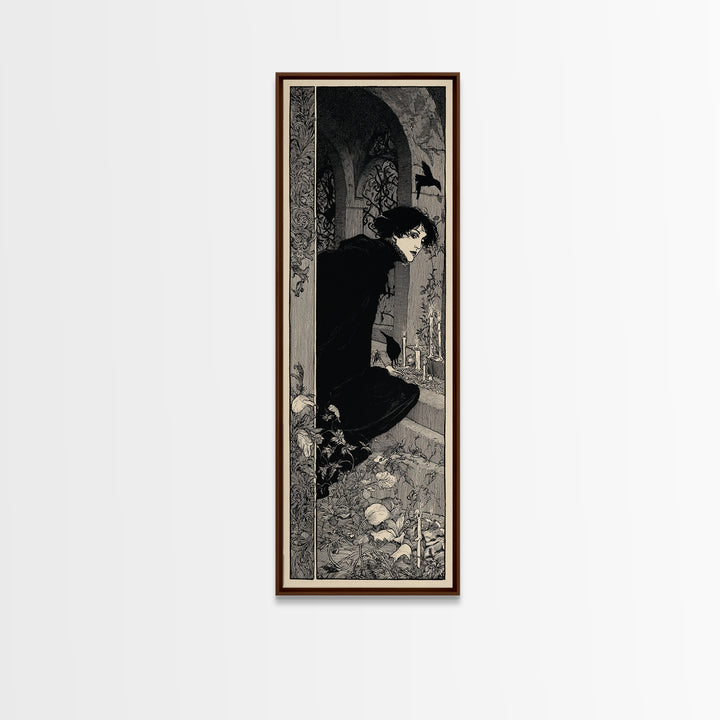 The Candlelit Crypt, Decadent Line Art, Tall Narrow Wall Art, Macabre Wall Art, Framed Canvas Print, Halloween Wall Art