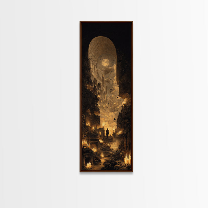 The Candlelit Crypt, Surreal Apocalyptic Art, Tall Narrow Wall Art, Dark Fantasy Wall Art, Framed Canvas Print, Halloween Wall Art