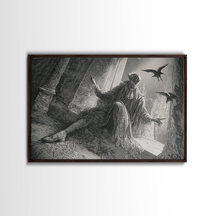 Black Lace And Cobwebs, Gothic Engraving Art, Landscape Wall Art, Dark Halloween Decor, Framed Canvas Print, Halloween Wall Art