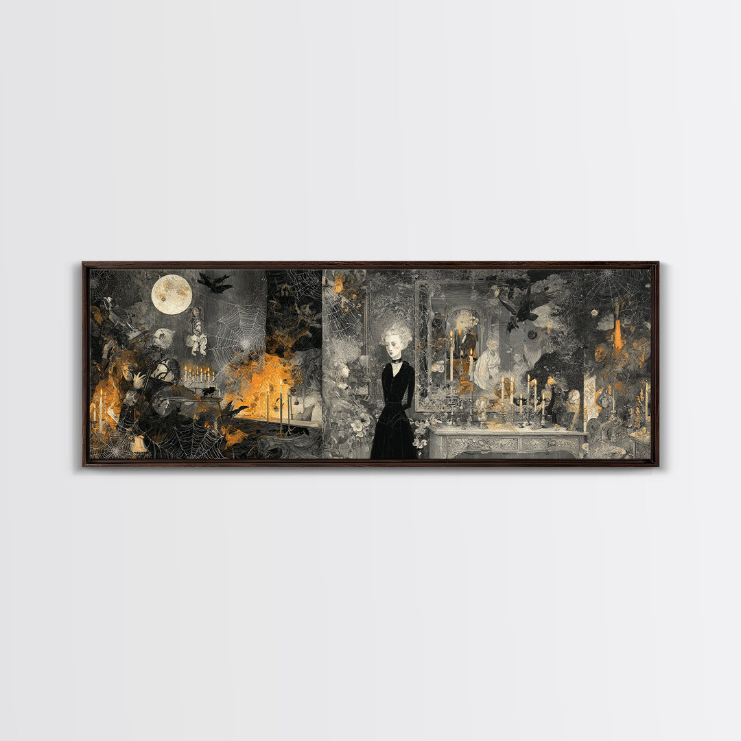 Black Lace And Cobwebs, Visionary Gothic Art, Extra Wide Wall Art, Macabre Wall Art, Framed Canvas Print, Halloween Wall Art