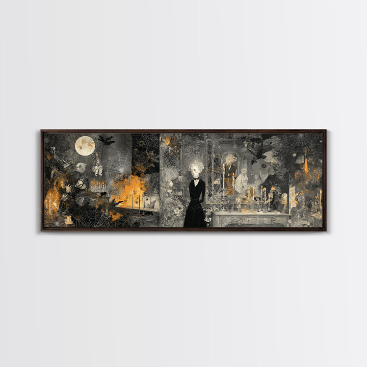Black Lace And Cobwebs, Visionary Gothic Art, Extra Wide Wall Art, Macabre Wall Art, Framed Canvas Print, Halloween Wall Art