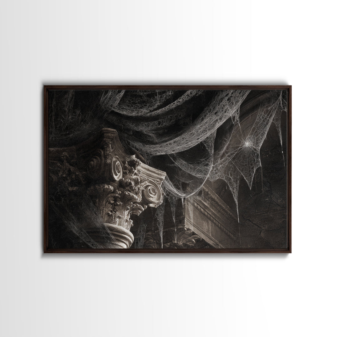 Black Lace And Cobwebs, Architectural Etching Art, Landscape Wall Art, Dark Fantasy Wall Art, Framed Canvas Print