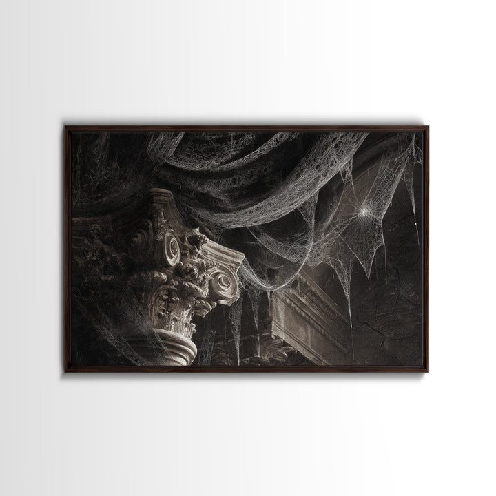 Black Lace And Cobwebs, Architectural Etching Art, Landscape Wall Art, Dark Fantasy Wall Art, Framed Canvas Print