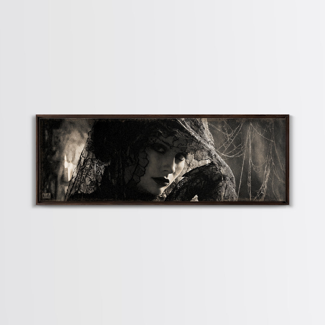 Black Lace And Cobwebs, Decadent Gothic Art, Extra Wide Wall Art, Dark Halloween Decor, Canvas Print, Halloween Wall Art