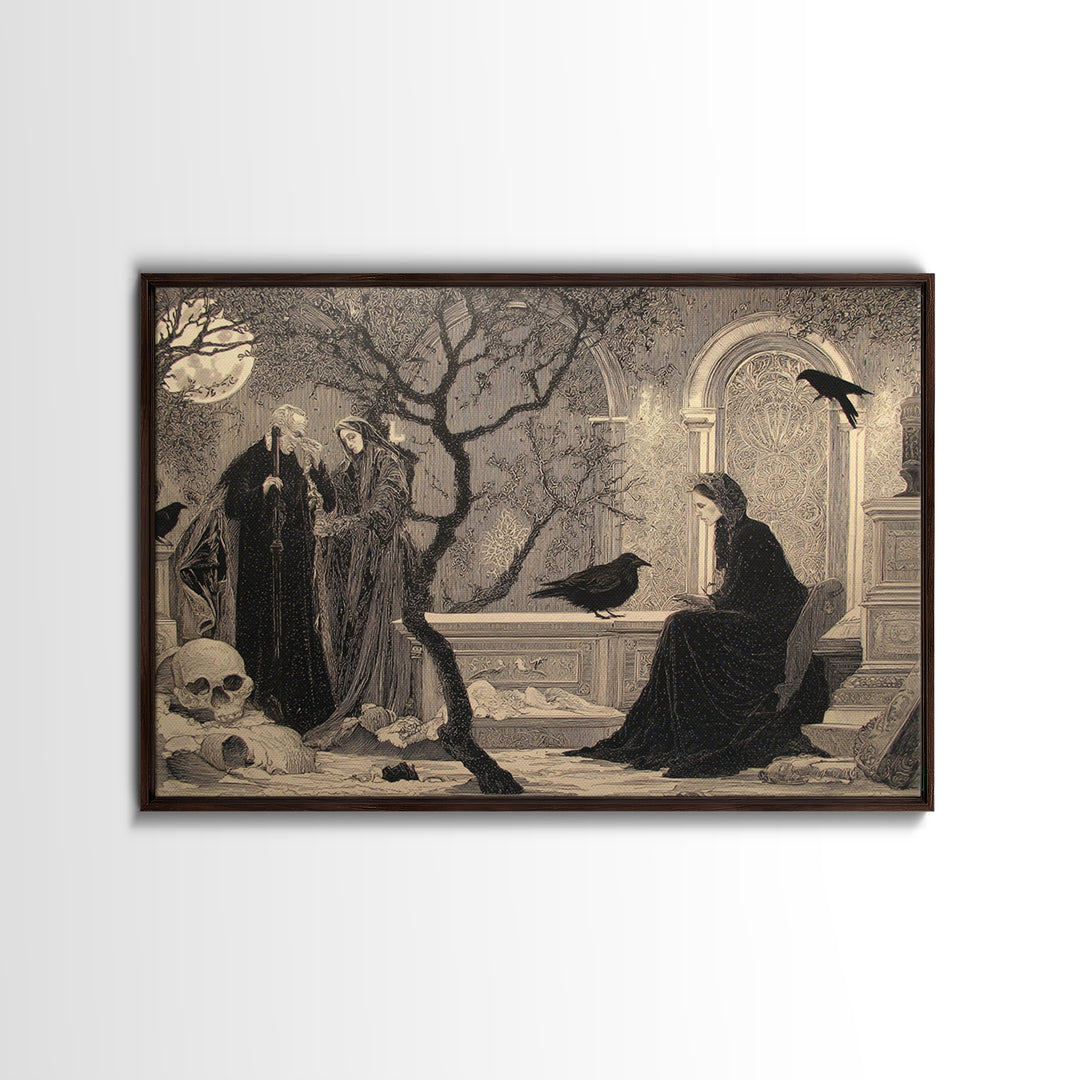 Black Lace And Cobwebs, Symbolist Death Art, Landscape Wall Art, Dark Halloween Decor, Framed Canvas Print, Halloween Wall Art