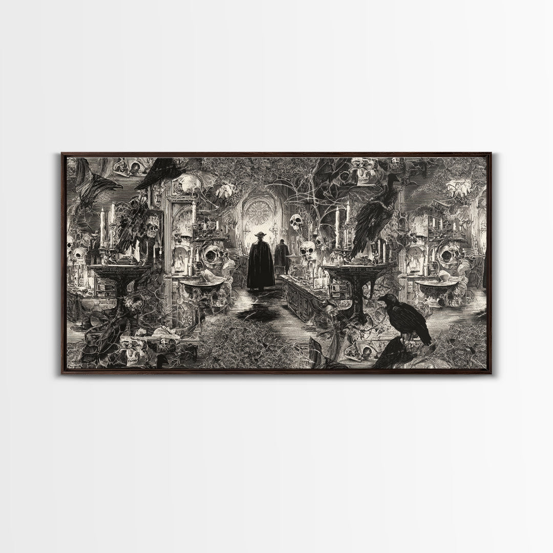 Black Lace And Cobwebs, Grotesque Carnival Art, Wide Panoramic Art, Dark Fantasy Wall Art, Framed Canvas Print, Halloween Wall Art