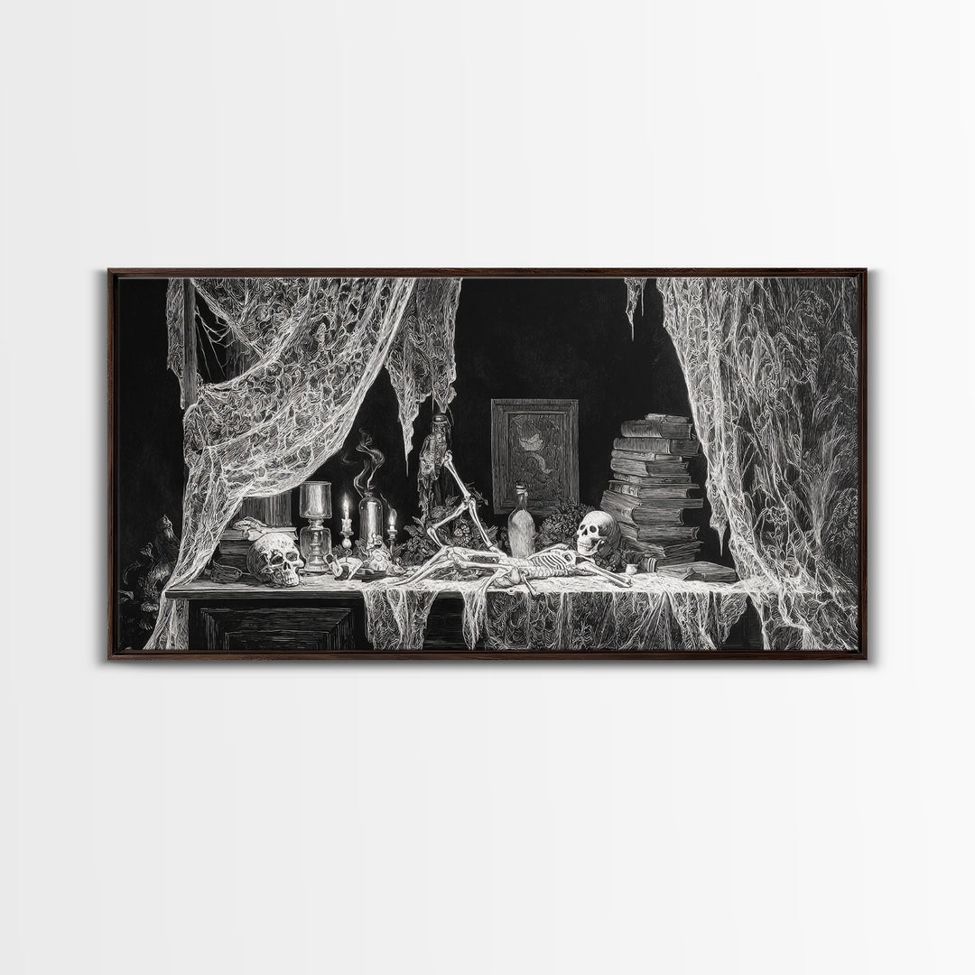Black Lace And Cobwebs, Macabre Folk Print Art, Wide Panoramic Art, Gothic Horror Wall Art, Canvas Print, Halloween Wall Art