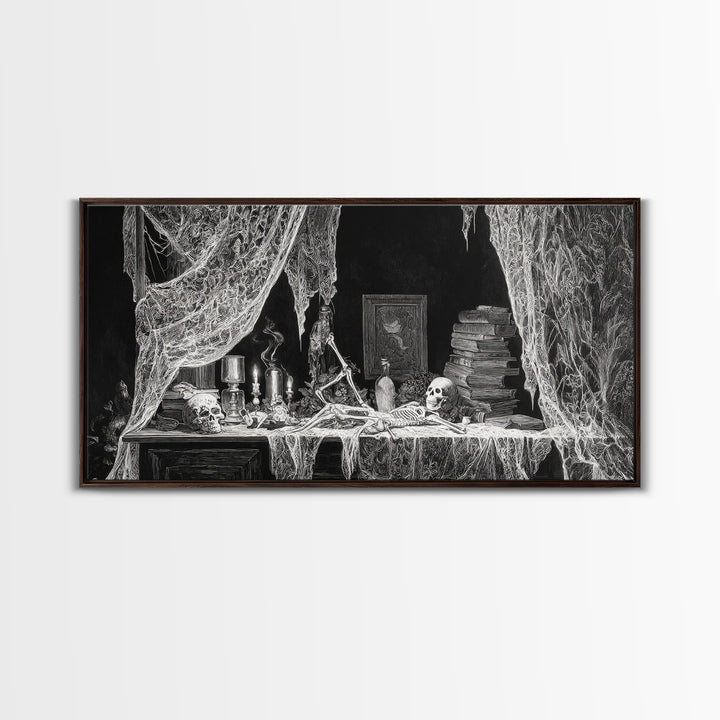 Black Lace And Cobwebs, Macabre Folk Print Art, Wide Panoramic Art, Gothic Horror Wall Art, Canvas Print, Halloween Wall Art
