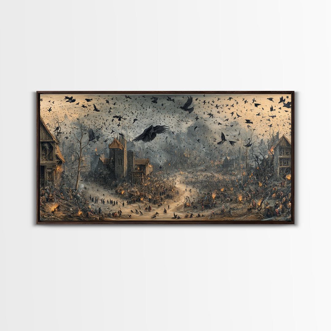 Ravens And Ruins, Northern Renaissance Horror, Wide Panoramic Art, Dark Halloween Decor, Framed Canvas Print, Halloween Wall Art