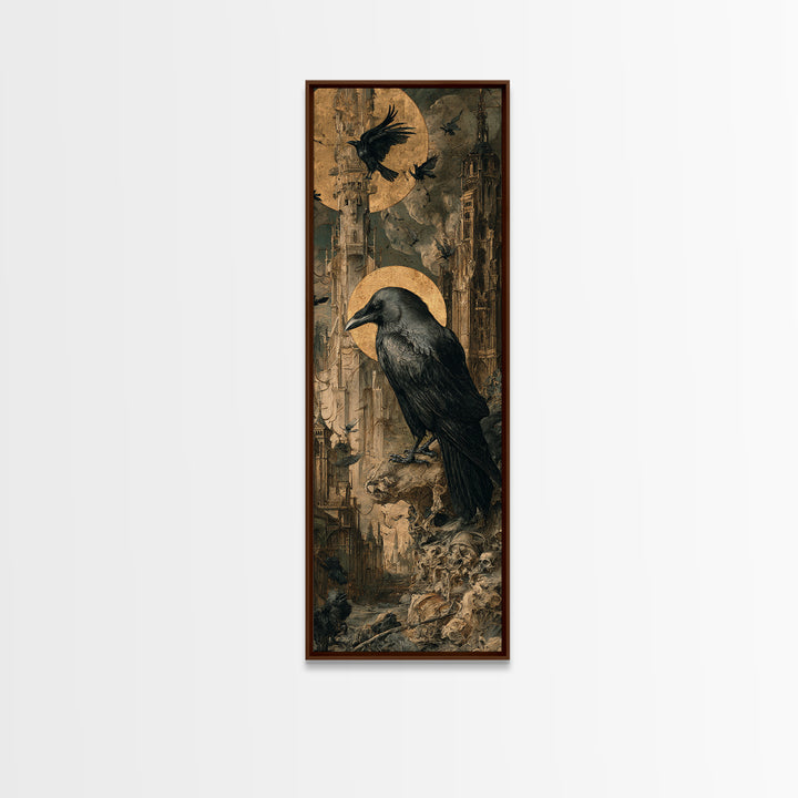 Ravens And Ruins, Dark Renaissance Art, Tall Narrow Wall Art, Gothic Horror Wall Art, Framed Canvas Print, Halloween Wall Art