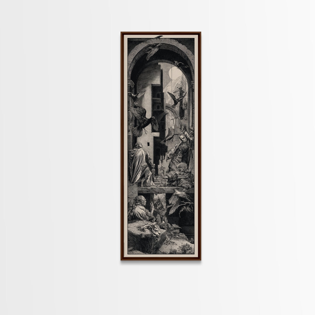Ravens And Ruins, Renaissance Engraving Art, Tall Narrow Wall Art, Gothic Horror Wall Art, Framed Canvas Print, Halloween Wall Art
