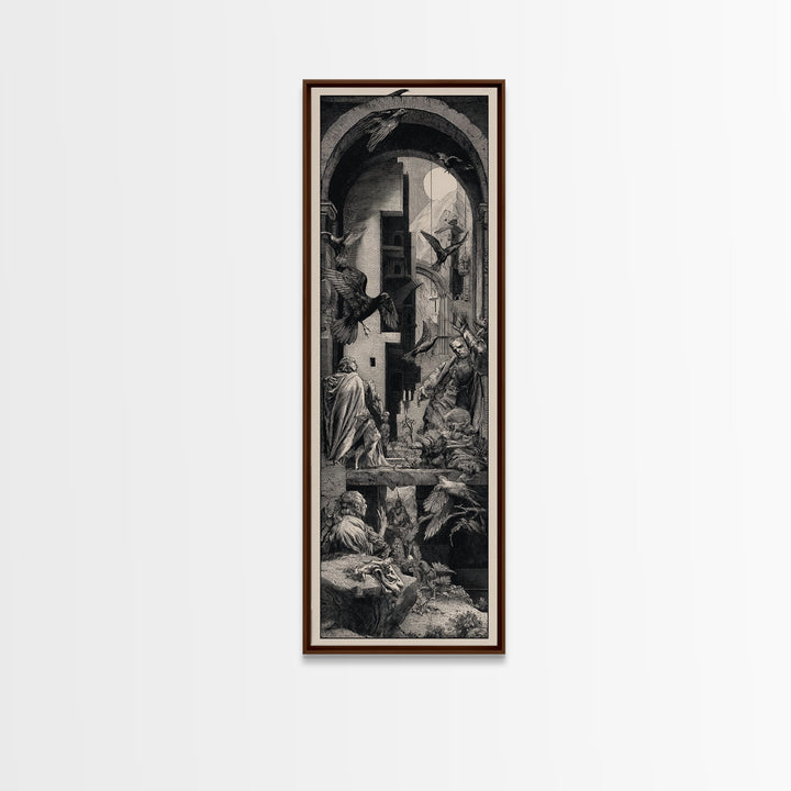 Ravens And Ruins, Renaissance Engraving Art, Tall Narrow Wall Art, Gothic Horror Wall Art, Framed Canvas Print, Halloween Wall Art