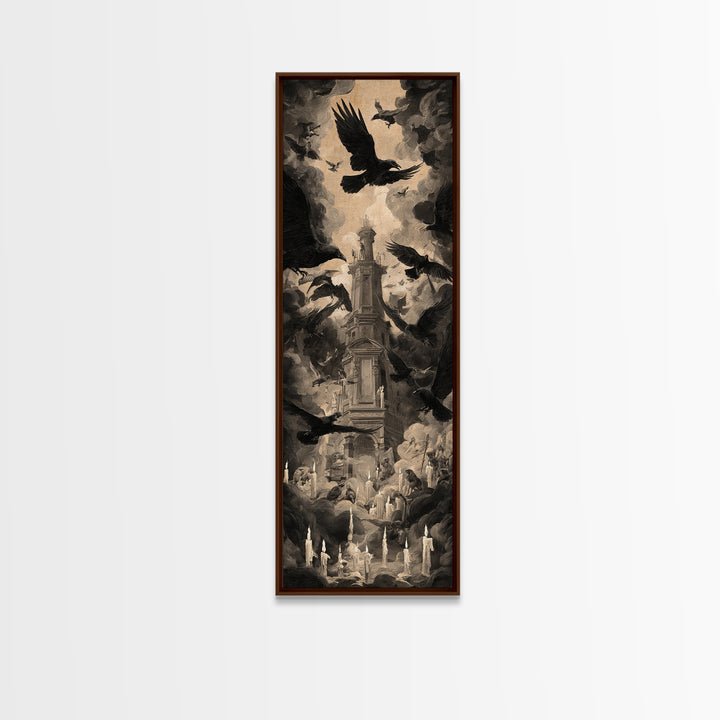 Ravens And Ruins, Gothic Nightmare Art, Tall Narrow Wall Art, Gothic Horror Wall Art, Framed Canvas Print, Halloween Wall Art