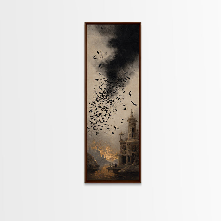 Ravens And Ruins, Apocalyptic Romantic Art, Tall Narrow Wall Art, Gothic Horror Wall Art, Framed Canvas Print, Halloween Wall Art