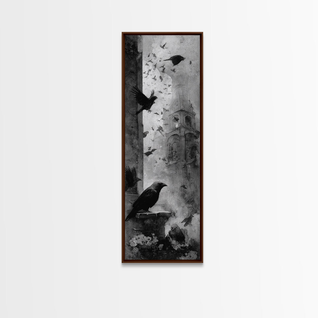 Ravens And Ruins, Symbolist Dream Art, Tall Narrow Wall Art, Dark Fantasy Wall Art, Canvas Print, Halloween Wall Art