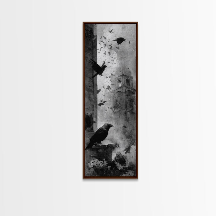 Ravens And Ruins, Symbolist Dream Art, Tall Narrow Wall Art, Dark Fantasy Wall Art, Canvas Print, Halloween Wall Art
