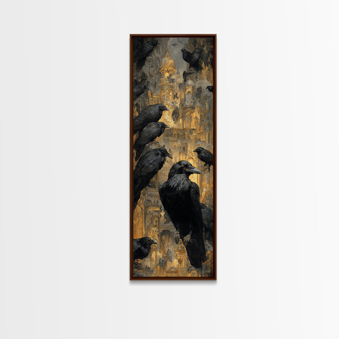 Ravens And Ruins, Ornate Symbolist Art, Tall Narrow Wall Art, Dark Fantasy Wall Art, Framed Canvas Print, Halloween Wall Art