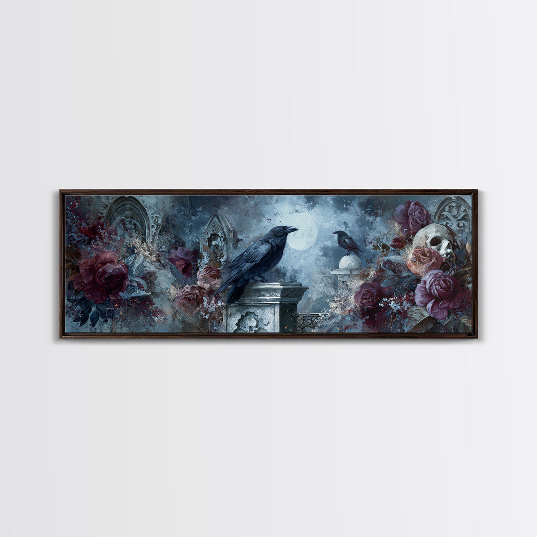 Silent Graveyard with Blue Moon Haze Framed Canvas Print, Dark Art, Print, Living Room Decor, Nocturne, Moody Wall Art, DAR-3x1-10