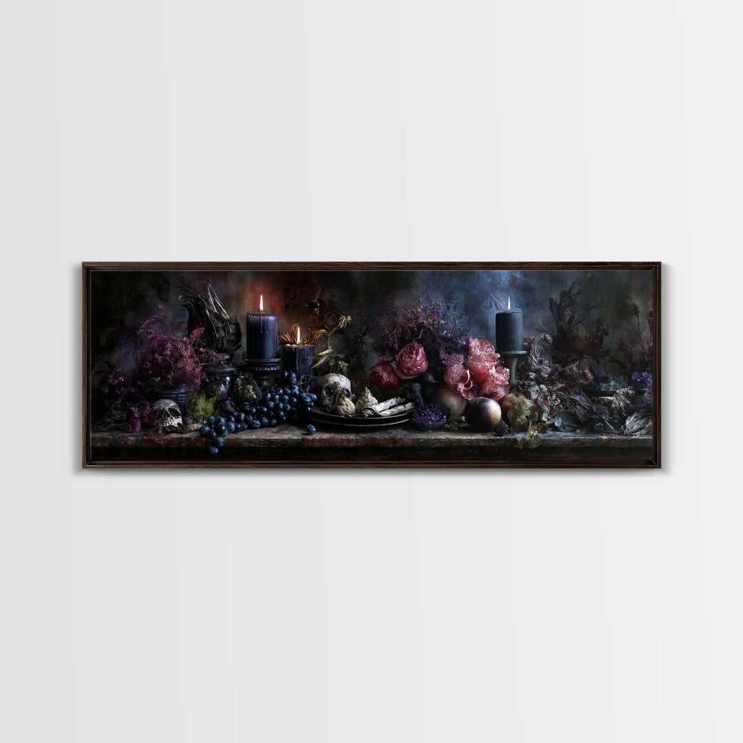 Witchy Still Life of Herbs Candles and Canvas Print, Dark Art, Textured Painting, Living Room Decor, Fine Art, Nocturne, DAR-3x1-48