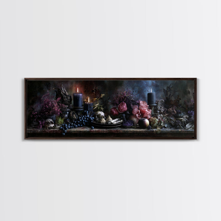 Witchy Still Life of Herbs Candles and Canvas Print, Dark Art, Textured Painting, Living Room Decor, Fine Art, Nocturne, DAR-3x1-48