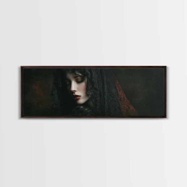 Vampire Inspired Portrait with Pale Dramatic Light Framed Canvas Print, Dark Art, Goth Decor, Living Room Decor, Nocturne, DAR-3x1-5