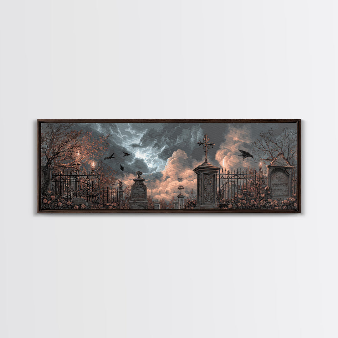 Silent Graveyard with Blue Moon Haze Framed Canvas Print, Dark Art, Gothic Wall Art, Living Room Decor, Fine Art, Nocturne, DAR-3x1-58