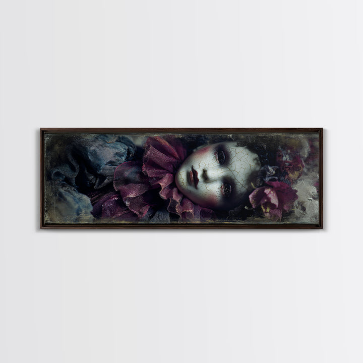 Cracked Porcelain Doll Portrait Framed Canvas Print, Dark Art, Contemporary Art, Living Room Decor, Fine Art, Nocturne, DAR-3x1-63