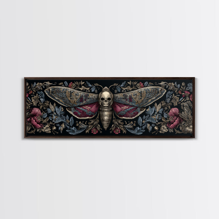 Moth with Skull Pattern on Black Ground Framed Canvas Print, Dark Art, Statement Artwork, Living Room Decor, Fine Art, Nocturne, DAR-3x1-7