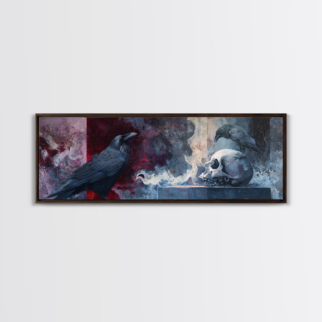 Raven Perched on a Skull Framed Canvas Print, Dark Art, Boho Decor, Living Room Decor, Oil Painting, Nocturne, Art Print, DAR-3x1-89