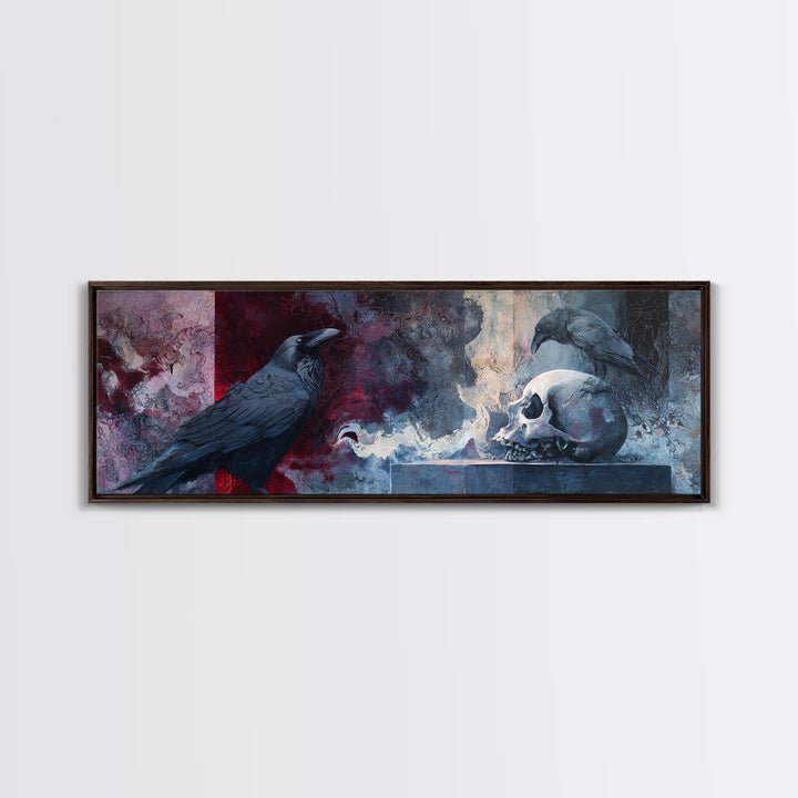 Raven Perched on a Skull Framed Canvas Print, Dark Art, Boho Decor, Living Room Decor, Oil Painting, Nocturne, Art Print, DAR-3x1-89