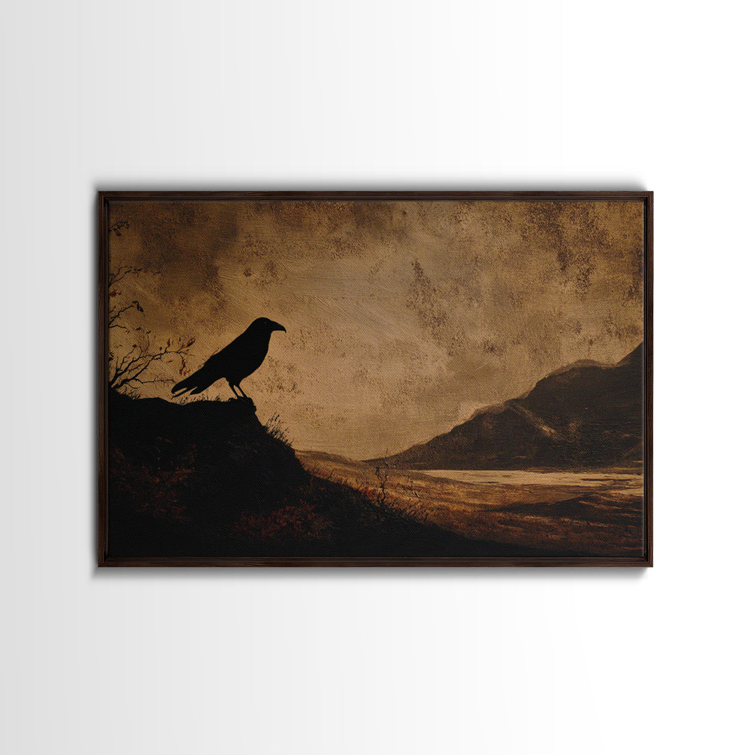 Haunted Mansion Silhouette on Distant Hill Framed Canvas Print, Dark Art, Gothic Wall Art, Living Room Decor, Nocturne, DAR-3x2-10