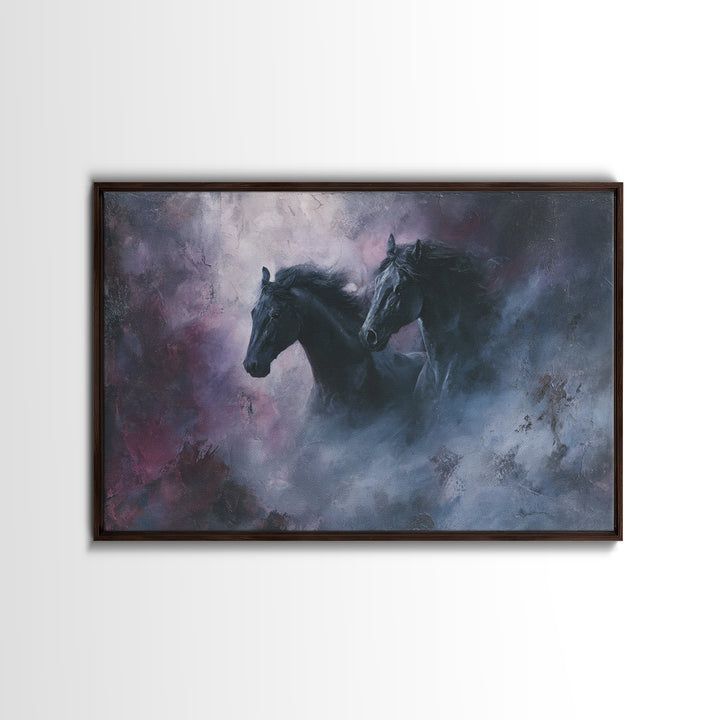 Black Horse Emerging from Smoke Framed Canvas Print, Dark Art, Weird Art, Living Room Decor, Fine Art, Nocturne, DAR-3x2-23