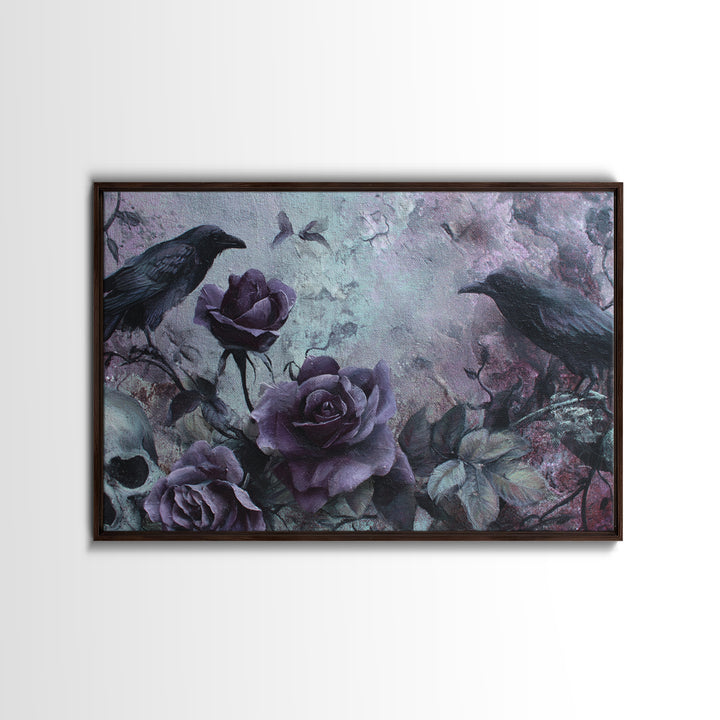 Black Roses Blooming from Cracked Stone Canvas Print, Dark Art, Horror Decor, Living Room Decor, Nocturne, Statement Artwork, DAR-3x2-30