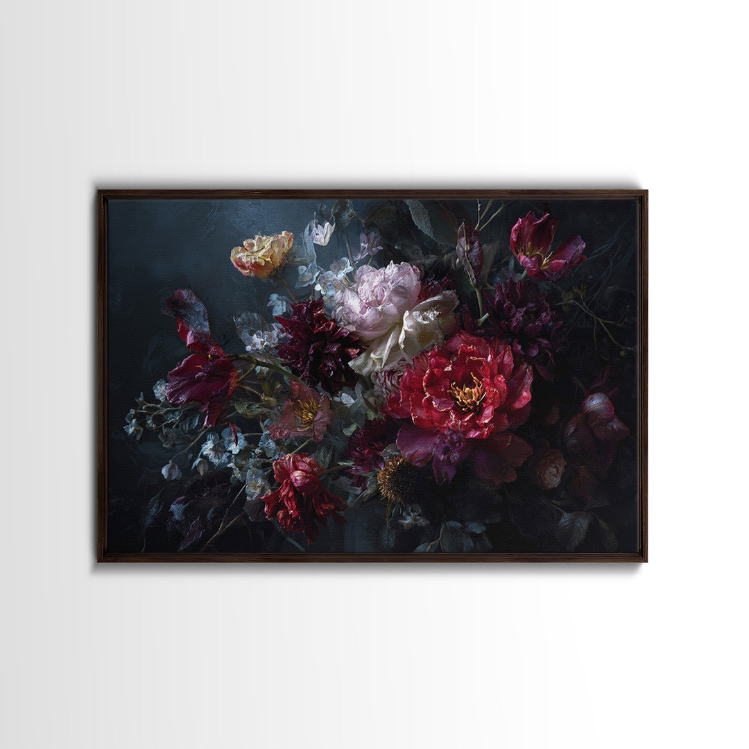 Dark Floral Bouquet Framed Canvas Print, Dark Art, Gallery Decor, Living Room Decor, Fine Art, Nocturne, Wall Art, Home Decor, DAR-3x2-45