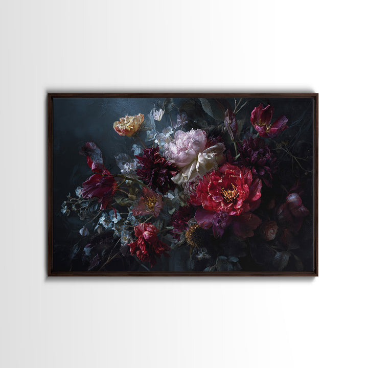 Dark Floral Bouquet Framed Canvas Print, Dark Art, Gallery Decor, Living Room Decor, Fine Art, Nocturne, Wall Art, Home Decor, DAR-3x2-45