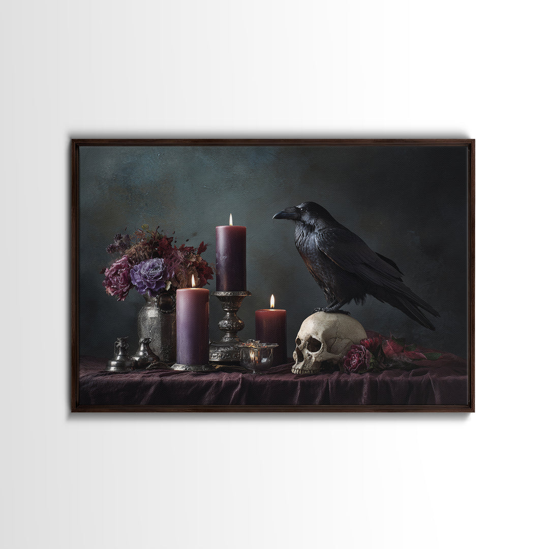 Raven Perched on a Skull Framed Canvas Print, Dark Art, Weird Art, Living Room Decor, Fine Art, Nocturne, Textured Painting, DAR-3x2-5