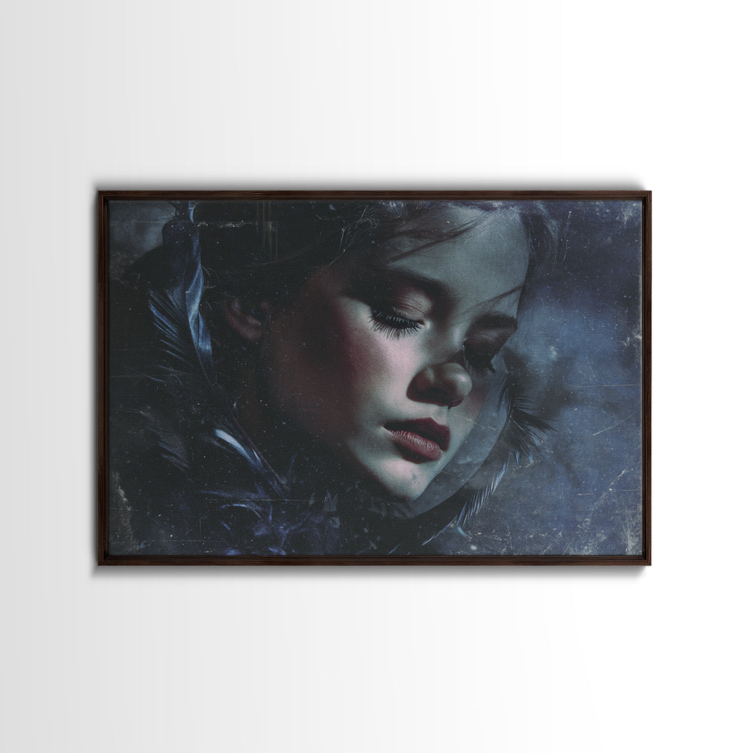Silent Graveyard with Blue Moon Haze Framed Canvas Print, Dark Art, Unique Wall Decor, Living Room Decor, Fine Art, Nocturne, DAR-3x2-70